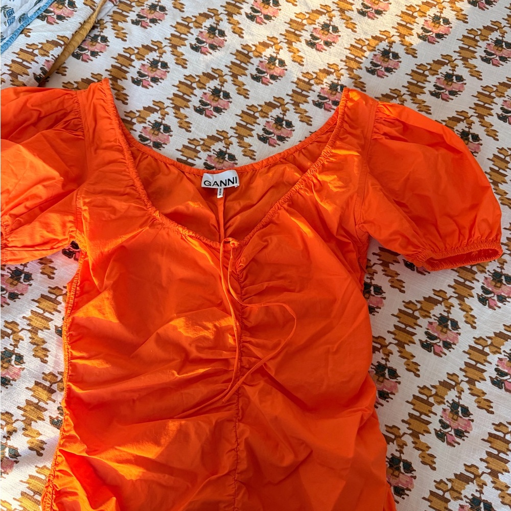 Ganni Orange Ruched Puff-Sleeve Mini Dress - Picture 5 of 6